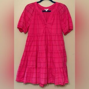 Crown & Ivy Women's Dress Peasant Lined Split Neck PETITE SMALL Hot Pink